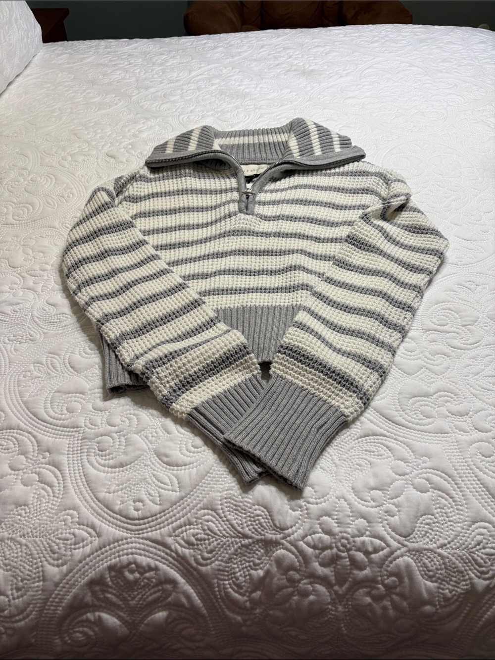 Striped Half-Zip Cowl Sweater in Gray and Cream